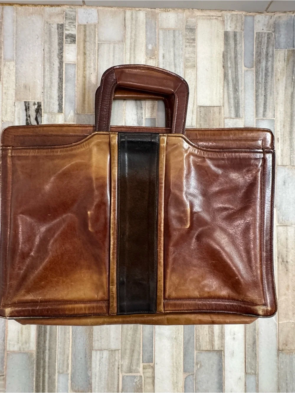 Rare vintage Oleg Cassini leather briefcase two tone leather drop handles zip
